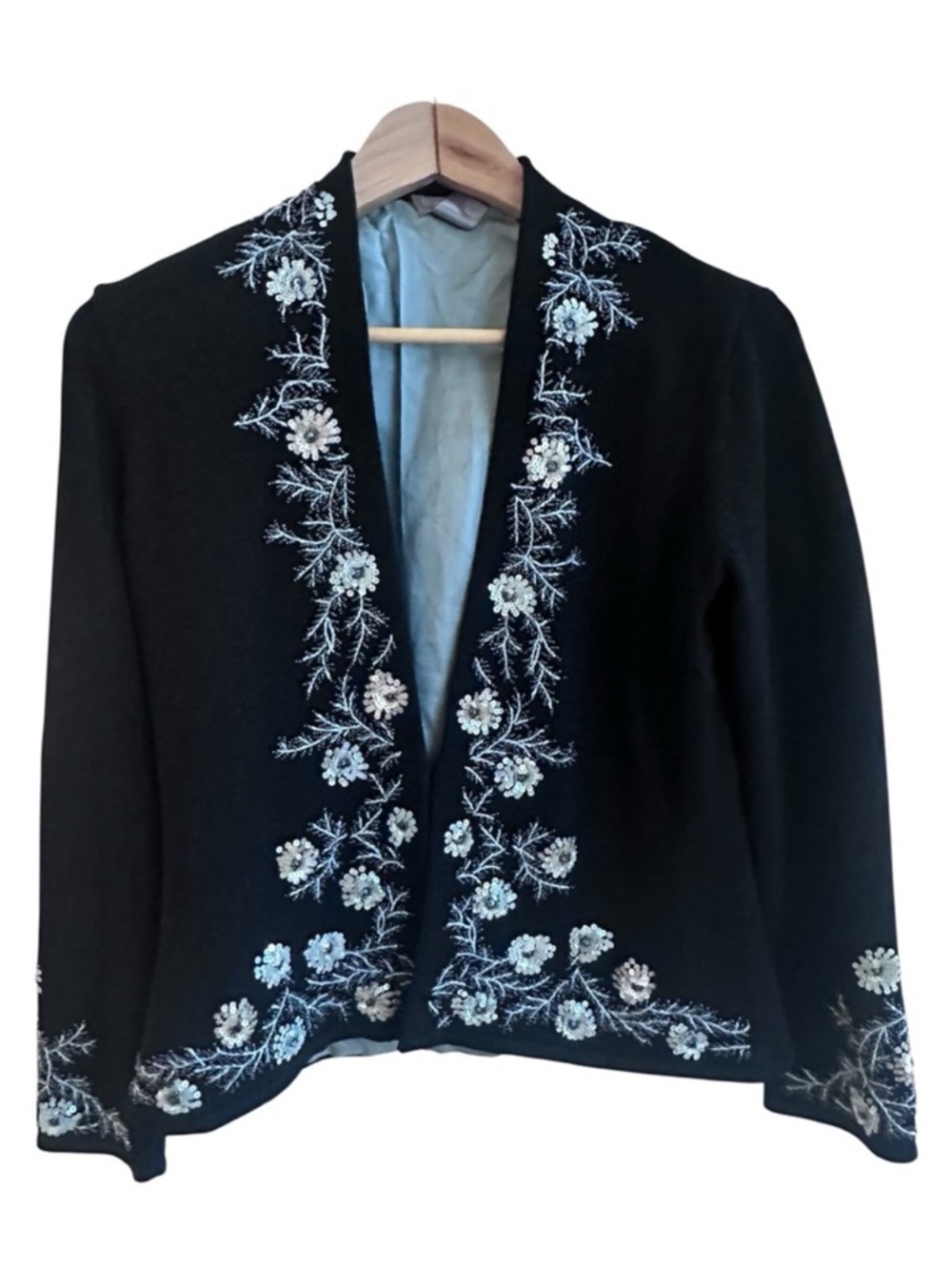 Sigrid Olsen Floral Parisian Party Beaded Sequin Cardigan Sweater Black Sz S Pet